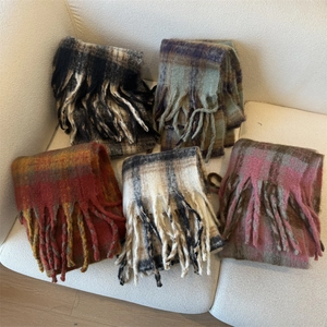 Thick checkered cashmere-feel scarves with tassels in multiple colors for winter