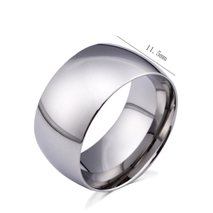 Close-up of highly polished stainless steel wide band ring with 11.5mm width specification