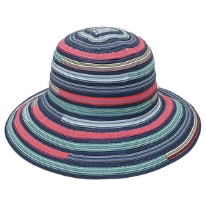 Detailed macro view of colorful striped straw sun hat with wide brim for beach sun protection