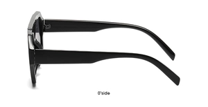 Side view of black thick frame sunglasses with smooth acetate temples on white background