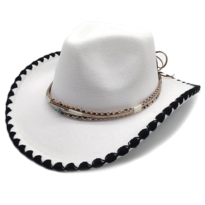 Western white felt cowboy hat with black contrast brim and turquoise silver buckle
