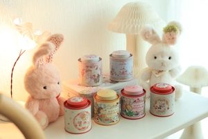 Detailed view of mini bunny tin canisters with hand-drawn illustrations in pastel colors