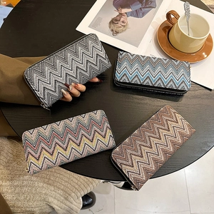 Women Long Zipper Wallet PU Leather Woven Fabric Large Capacity Phone Holder Multi Card Slots Zigzag Chevron Pattern Trend