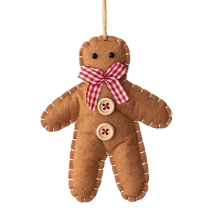 Handmade gingerbread man wool felt ornament with red plaid bow and button details