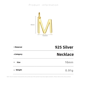 Detailed size specifications for a gold S925 sterling silver letter M pendant necklace