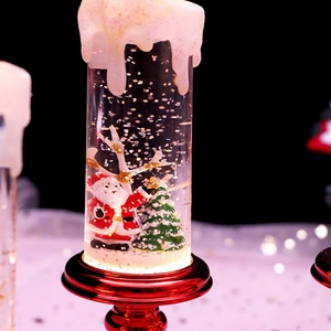 Macro shot of Santa Claus figurine inside a glowing glitter oil lamp with melted wax top