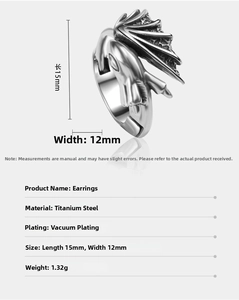 Detailed view of dragon wing titanium steel earring with vacuum plating craft and measurements