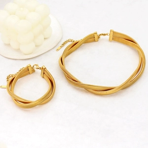 Gold double-loop braided necklace and bracelet set with lobster clasp and extension chain
