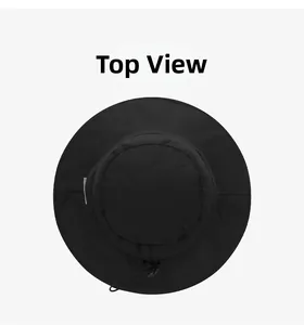Top view of a black waterproof sun hat featuring adjustable drawstring and windproof buckle