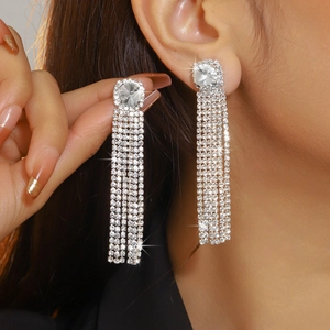 Sparkling long tassel earrings with silver rhinestones and large round zirconia for women