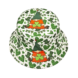 White bucket hat with St. Patrick's Day shamrock and gnome print for sun protection