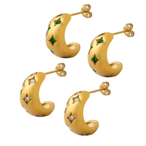18K gold plated C-shaped geometric hoop earrings with star-set green and clear zircons