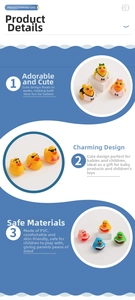Detail view of assorted rubber duck bath toys made from soft PVC material