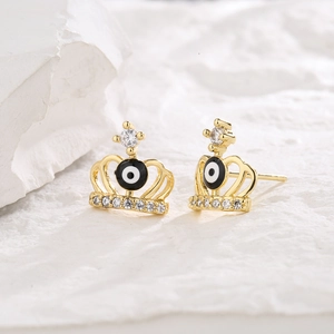 18K gold plated crown stud earrings with evil eye motif and zircon stones for women