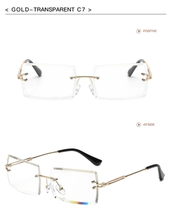 Front and 45-degree side view of rimless gold rectangle sunglasses with clear lenses