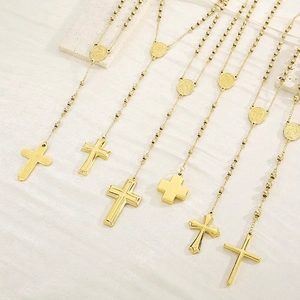 Stainless Steel Rosary Necklace Religious Cross Pendant Virgin Mary Medal Round Bead Chain Vintage Jewelry For Women