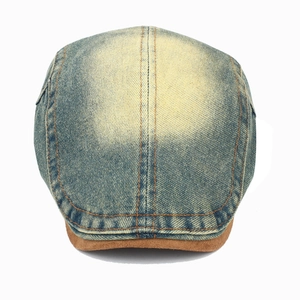 Vintage washed denim ivy cap with brown suede brim and yellow stitching in retro style