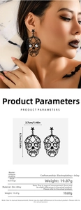 Detail showing gold skull earrings dimensions with a model wearing gothic jewelry