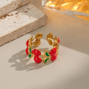 Cherry Fruit Ring Stainless Steel Gold Plated Enamel Red Green Adjustable Open Finger Jewelry Sweet Pastoral Women