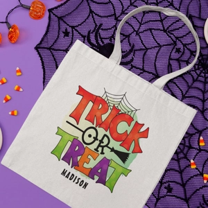 Cute Halloween ghost print white canvas tote bag with Trick or Treat Madison lettering