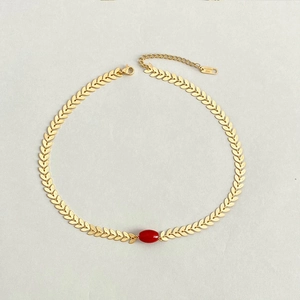 Vintage gold wheat chain necklace with oval red agate stone pendant in stainless steel
