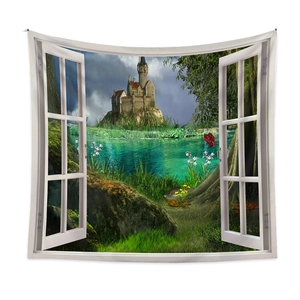 Detailed 3D window view tapestry showing a European castle by a lake with vibrant flowers
