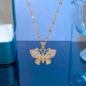 Elegant gold titanium butterfly necklace with pavé cubic zirconia for women