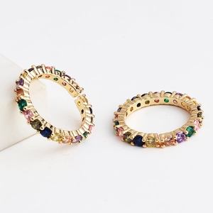 Adjustable gold open ring with rainbow cubic zirconia stones for women