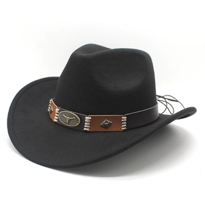 Western Cowboy Hat Wool Felt Wide Brim With Leather Band Metal Bull Head Buckle Retro Ethnic Style Fedora Hat