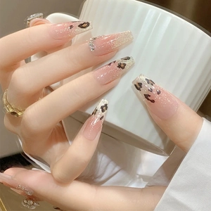 Leopard Print Cat Eye Press On Nails Long Coffin Shape Pink Fake Nails With Rhinestone Gold Glitter Artificial Nail Kit For Women