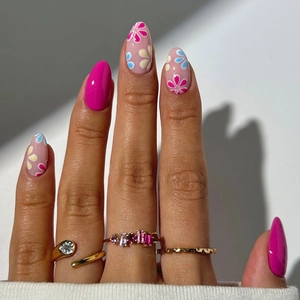 Press On Nails Almond Shape Floral Print Rose Red Glossy ABS Plastic Removable False Nails Long Pointed For Women