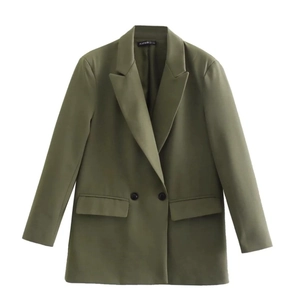 Detailed view of the double-breasted buttons and flap pockets on this olive green blazer