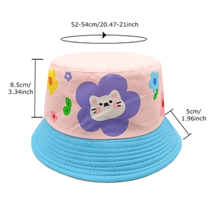 Kids color-block bucket hat with pink cartoon cat top, blue brim and 52-54cm size guide