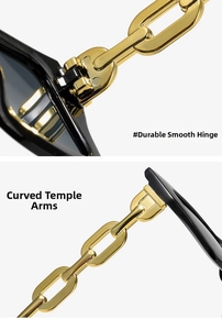 Detail of sturdy metal hinges and curved chain-style temples on black sunglasses