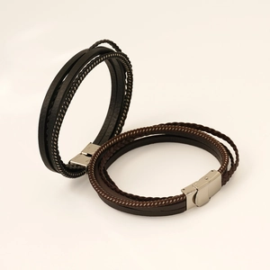 Multi-layer braided leather bracelet for men with stainless steel magnetic buckle