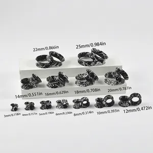 Silicone ear tunnels size chart showing variants from 3mm to 25mm for gauges piercing