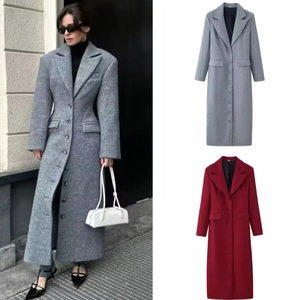 Women Long Woolen Coat Slim Fit Lapel Single Breasted Elegant Casual Office Overcoat Solid Color Winter Outwear