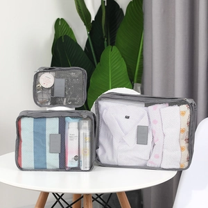Travel packing cubes set of 6, grey mesh organizer bags for clothes, shoes and underwear.