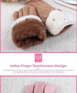 Close-up of touchscreen-compatible fingertip on suede winter gloves with plush cuffs