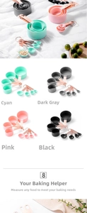 Detail of 8-piece measuring cups and spoons set with copper handles in multiple colors