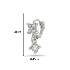 Detailed view of silver flower cartilage earring with cubic zirconia and size dimensions