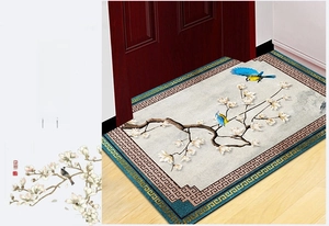 Detailed close-up of a Chinese-style entrance mat with white magnolia and birds