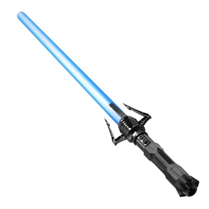 Star Wars style light saber toy with glowing blue blade and black hilt on white background