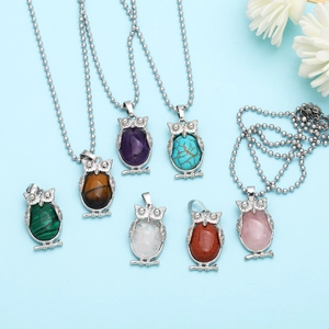Collection of owl pendant necklaces with colorful natural stone inlay and metal bead chains