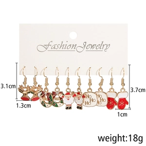 Detailed view of 5-pair Christmas earring set with reindeer and Santa claus motifs