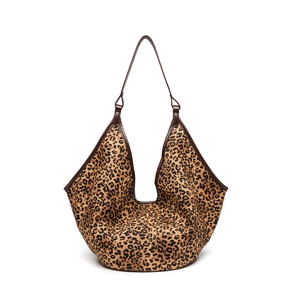 Large leopard print tote bag with dark brown handles in a vintage crescent shape