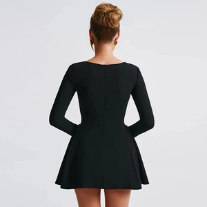 Rear view of a black long-sleeved slim-fit A-line dress with defined waist and flowy skirt