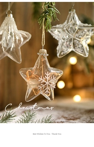 Close-up of clear star Christmas ornament with silver sequins and wood snowflake