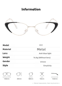 Detailed technical specifications and size measurements for cat-eye metal glasses frames