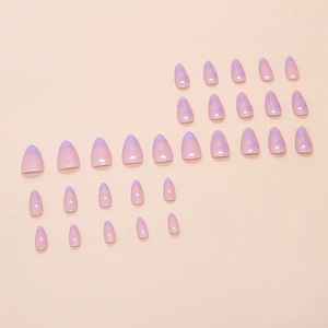 French almond press-on nails with purple floral patterns and light pink base, 24 pieces